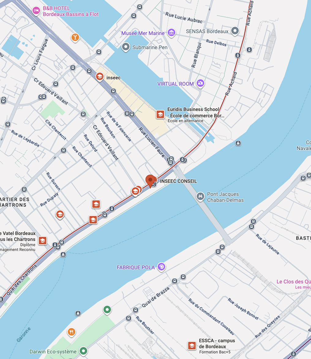 Plan d’accès au campus de Bordeaux de l’école de commerce INSEEC en transport en commun